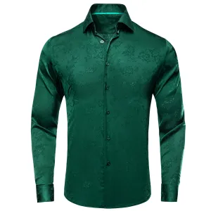 Emerald Green Floral Silk Men's Long Sleeve Shirt