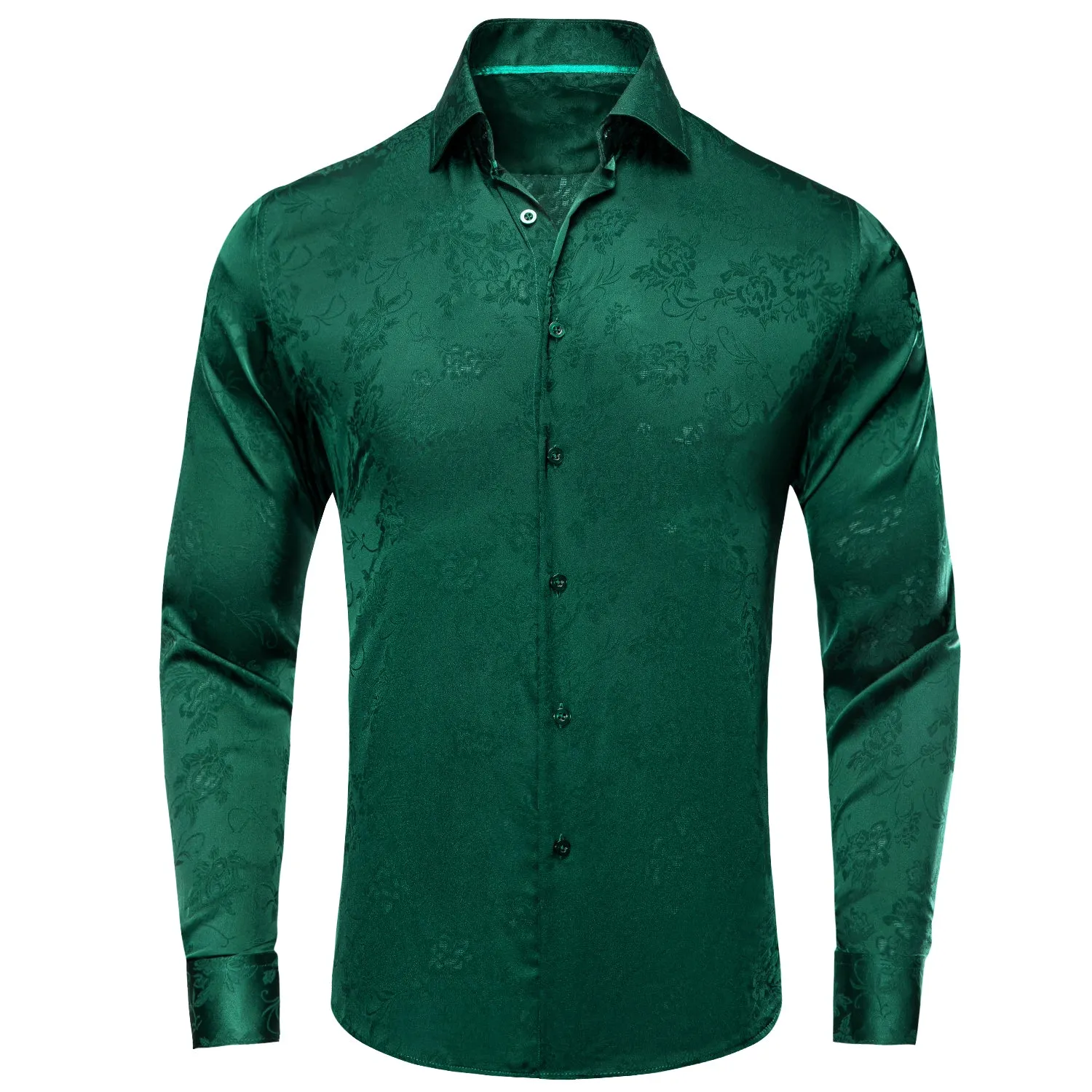 Emerald Green Floral Silk Men's Long Sleeve Shirt