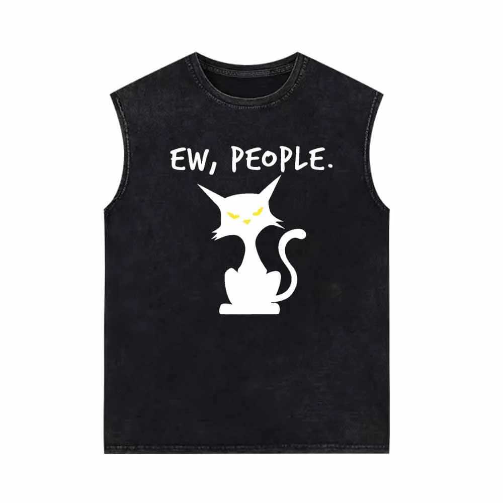 Ew People Black Cat Vintage Washed Vest Top