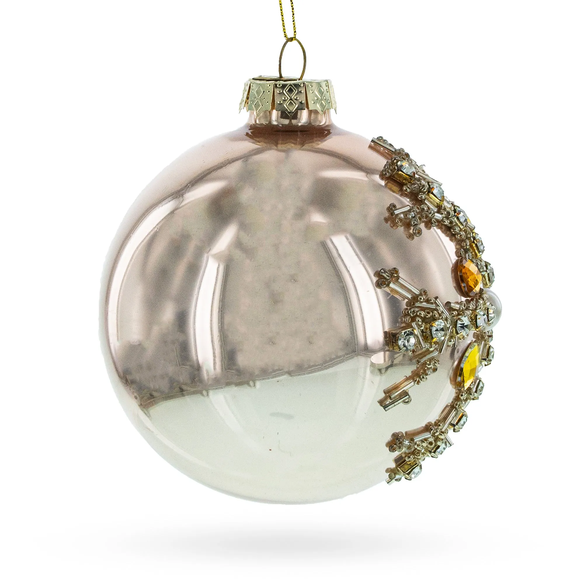 Exquisite Rose Gold And Yellow Bejeweled - Blown Glass Egg Christmas Ornament