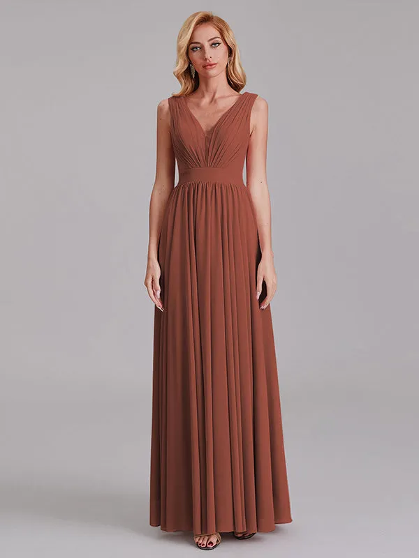 Exquisite V-Neck Sleeveless Chiffon Cheap Floor-Length Bridesmaid Dress With Pleated