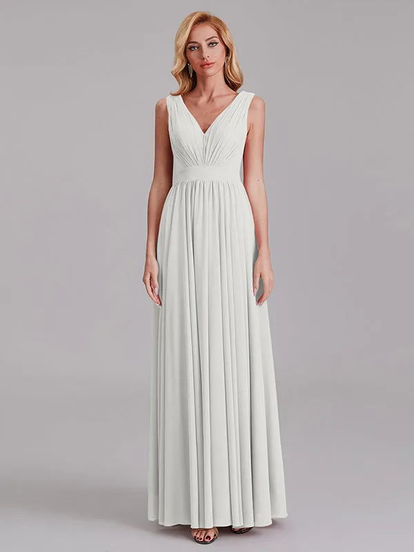 Exquisite V-Neck Sleeveless Chiffon Cheap Floor-Length Bridesmaid Dress With Pleated