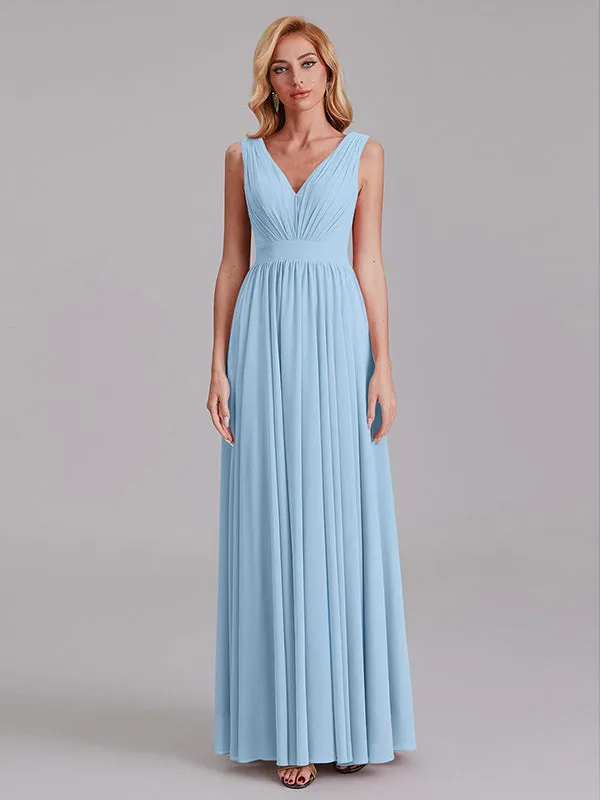 Exquisite V-Neck Sleeveless Chiffon Cheap Floor-Length Bridesmaid Dress With Pleated