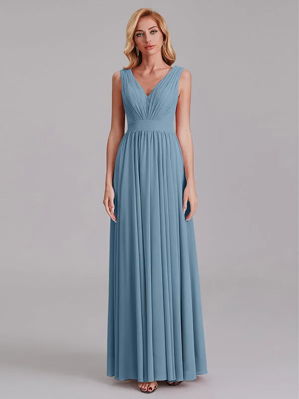 Exquisite V-Neck Sleeveless Chiffon Cheap Floor-Length Bridesmaid Dress With Pleated