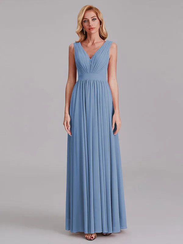 Exquisite V-Neck Sleeveless Chiffon Cheap Floor-Length Bridesmaid Dress With Pleated