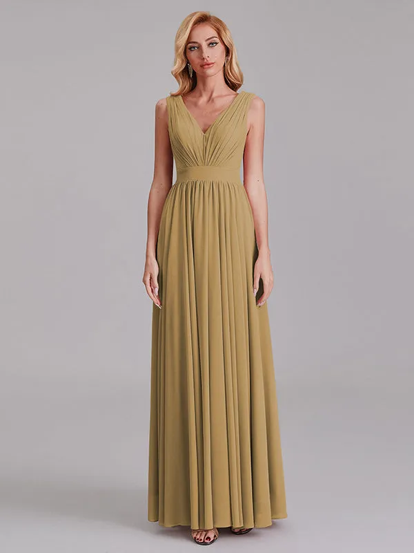 Exquisite V-Neck Sleeveless Chiffon Cheap Floor-Length Bridesmaid Dress With Pleated