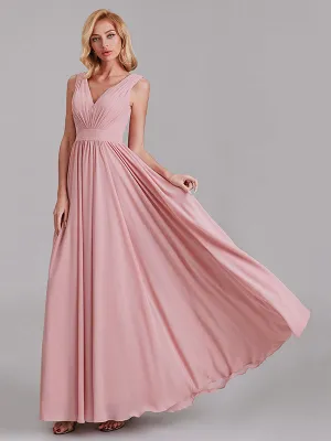 Exquisite V-Neck Sleeveless Chiffon Cheap Floor-Length Bridesmaid Dress With Pleated