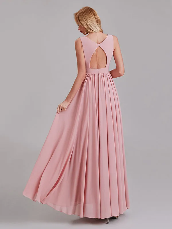 Exquisite V-Neck Sleeveless Chiffon Cheap Floor-Length Bridesmaid Dress With Pleated