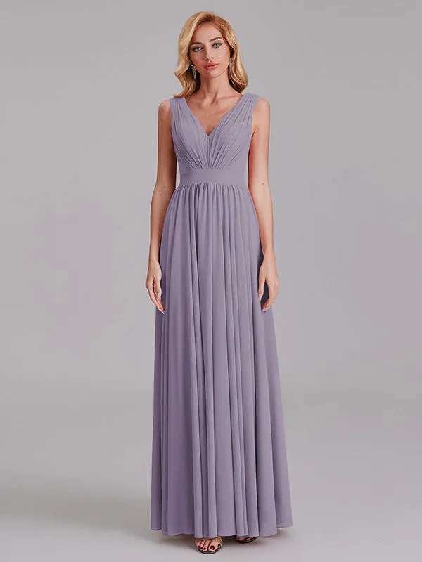 Exquisite V-Neck Sleeveless Chiffon Cheap Floor-Length Bridesmaid Dress With Pleated