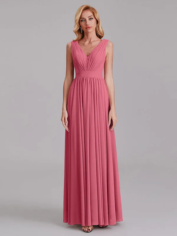 Exquisite V-Neck Sleeveless Chiffon Cheap Floor-Length Bridesmaid Dress With Pleated