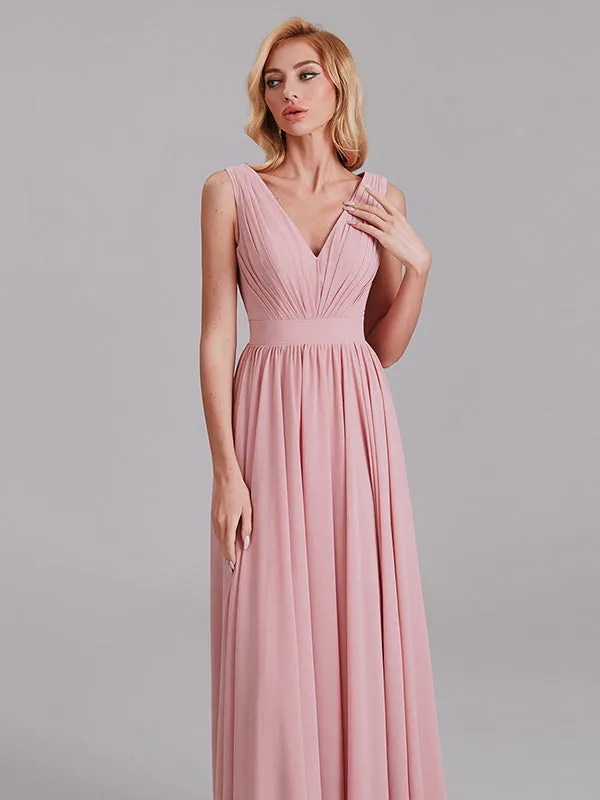 Exquisite V-Neck Sleeveless Chiffon Cheap Floor-Length Bridesmaid Dress With Pleated