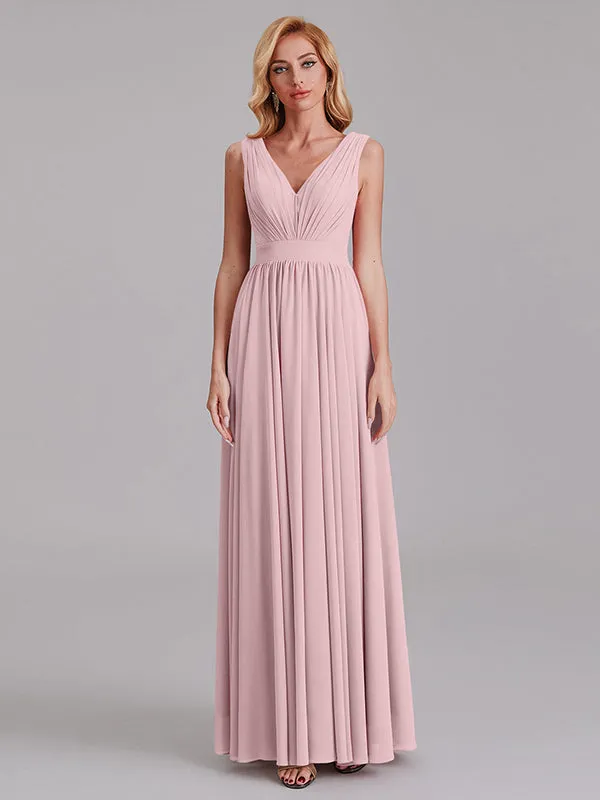 Exquisite V-Neck Sleeveless Chiffon Cheap Floor-Length Bridesmaid Dress With Pleated