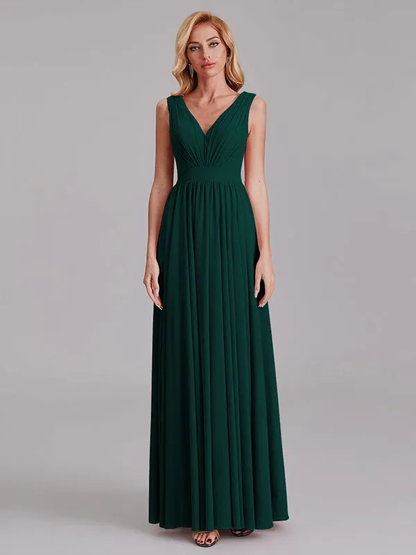 Exquisite V-Neck Sleeveless Chiffon Cheap Floor-Length Bridesmaid Dress With Pleated