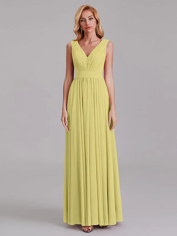 Exquisite V-Neck Sleeveless Chiffon Cheap Floor-Length Bridesmaid Dress With Pleated