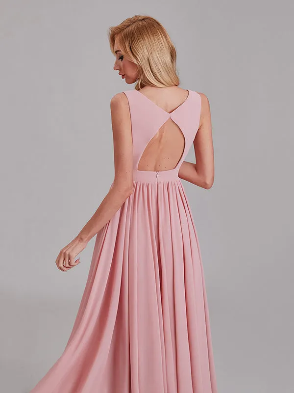 Exquisite V-Neck Sleeveless Chiffon Cheap Floor-Length Bridesmaid Dress With Pleated