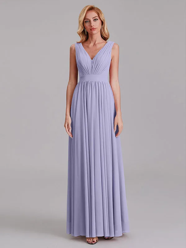 Exquisite V-Neck Sleeveless Chiffon Cheap Floor-Length Bridesmaid Dress With Pleated