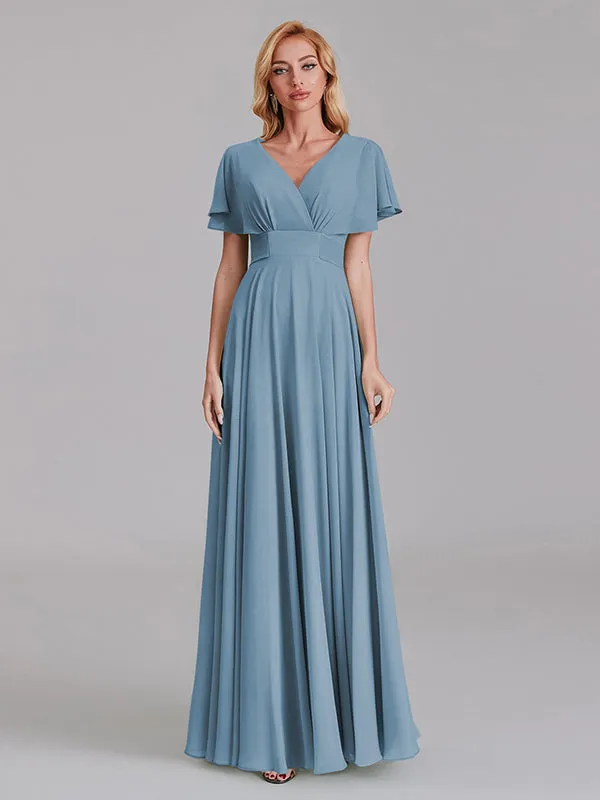 Exquisite V-Neck Sleeveless Chiffon Cheap Floor-Length Bridesmaid Dress With Pleated