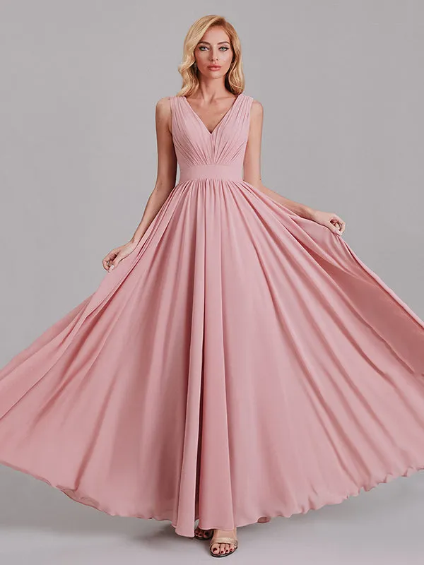 Exquisite V-Neck Sleeveless Chiffon Cheap Floor-Length Bridesmaid Dress With Pleated