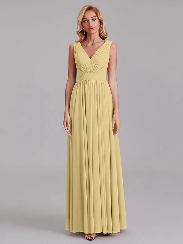 Exquisite V-Neck Sleeveless Chiffon Cheap Floor-Length Bridesmaid Dress With Pleated