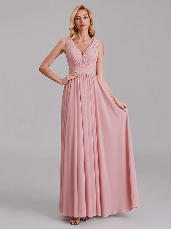 Exquisite V-Neck Sleeveless Chiffon Cheap Floor-Length Bridesmaid Dress With Pleated