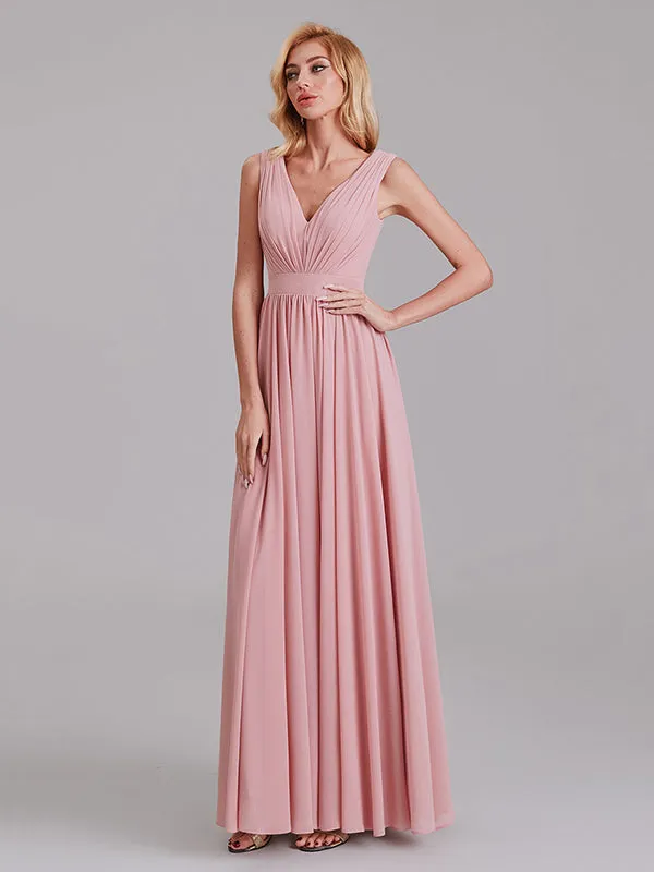 Exquisite V-Neck Sleeveless Chiffon Cheap Floor-Length Bridesmaid Dress With Pleated