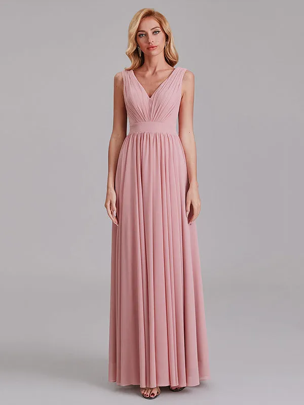 Exquisite V-Neck Sleeveless Chiffon Cheap Floor-Length Bridesmaid Dress With Pleated