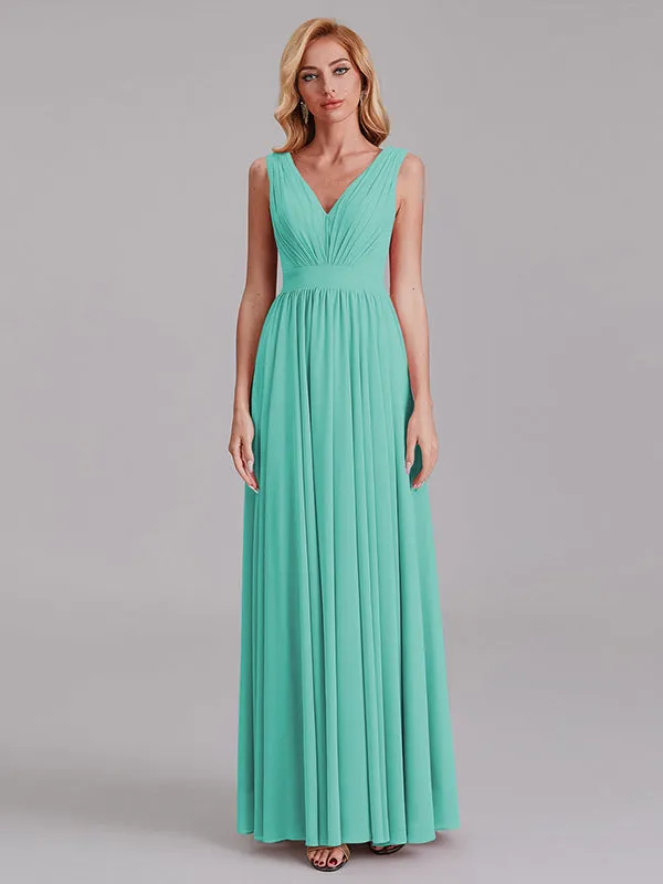 Exquisite V-Neck Sleeveless Chiffon Cheap Floor-Length Bridesmaid Dress With Pleated