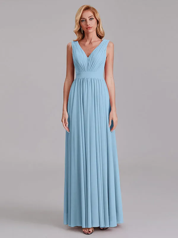 Exquisite V-Neck Sleeveless Chiffon Cheap Floor-Length Bridesmaid Dress With Pleated