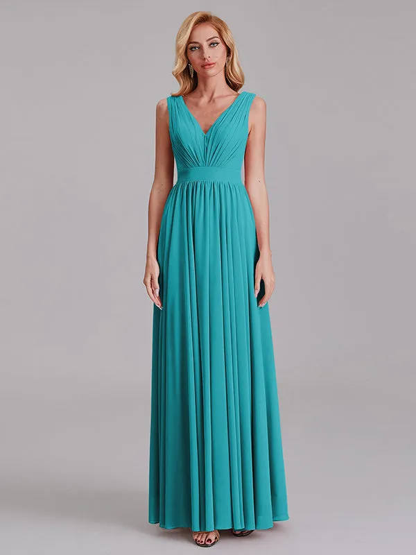 Exquisite V-Neck Sleeveless Chiffon Cheap Floor-Length Bridesmaid Dress With Pleated