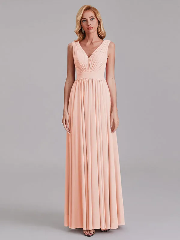 Exquisite V-Neck Sleeveless Chiffon Cheap Floor-Length Bridesmaid Dress With Pleated