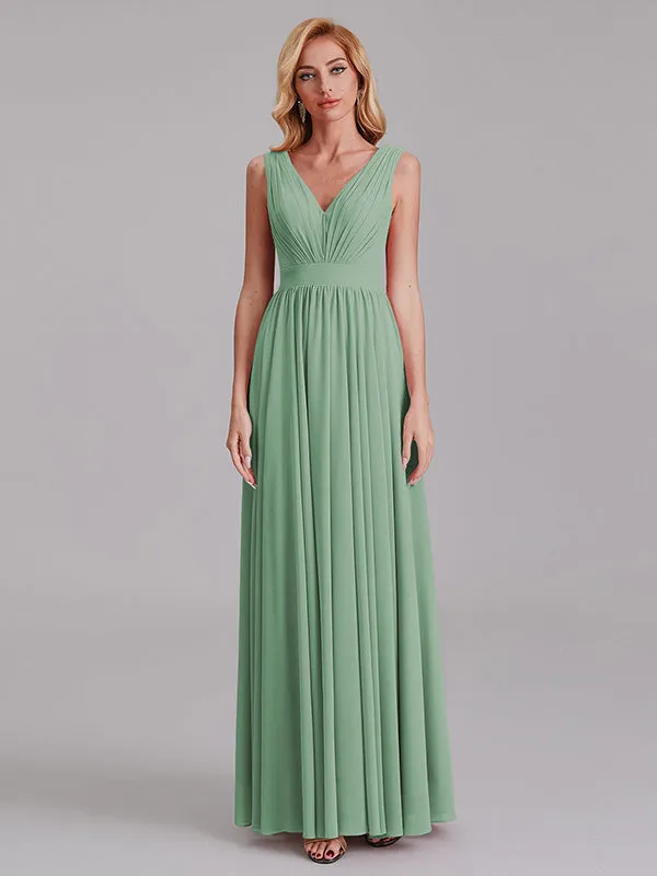 Exquisite V-Neck Sleeveless Chiffon Cheap Floor-Length Bridesmaid Dress With Pleated