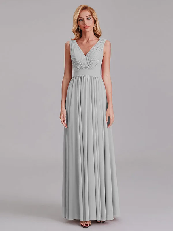 Exquisite V-Neck Sleeveless Chiffon Cheap Floor-Length Bridesmaid Dress With Pleated