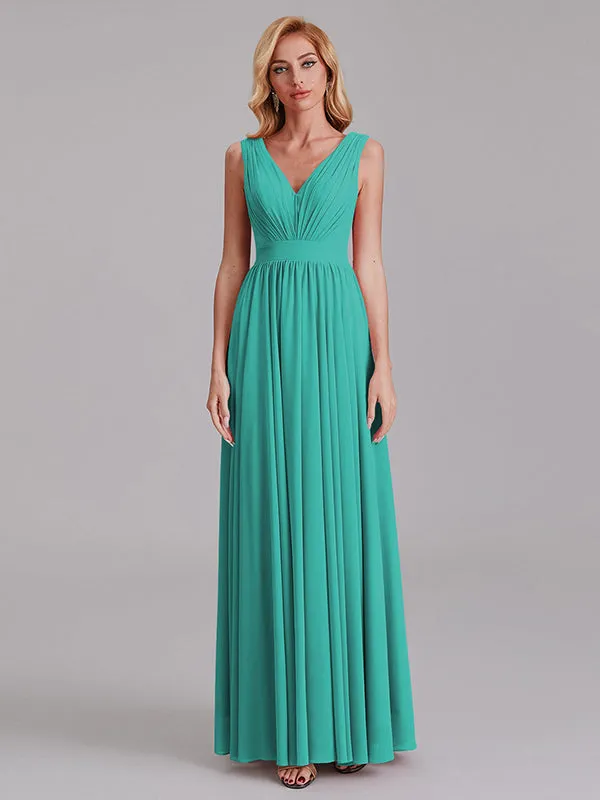 Exquisite V-Neck Sleeveless Chiffon Cheap Floor-Length Bridesmaid Dress With Pleated