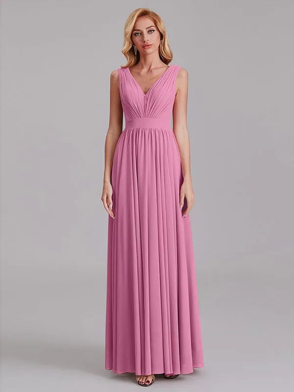 Exquisite V-Neck Sleeveless Chiffon Cheap Floor-Length Bridesmaid Dress With Pleated