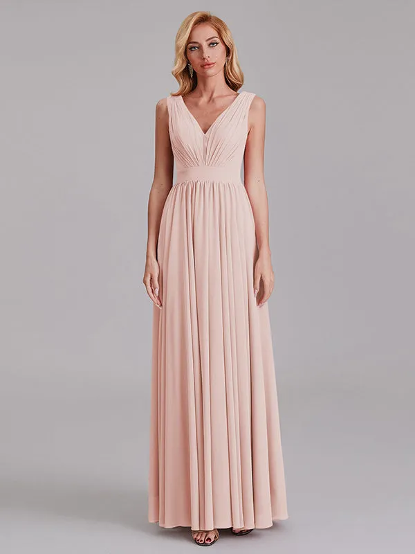 Exquisite V-Neck Sleeveless Chiffon Cheap Floor-Length Bridesmaid Dress With Pleated