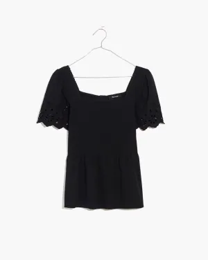 Eyelet-Sleeve Kate Smocked Top | Black