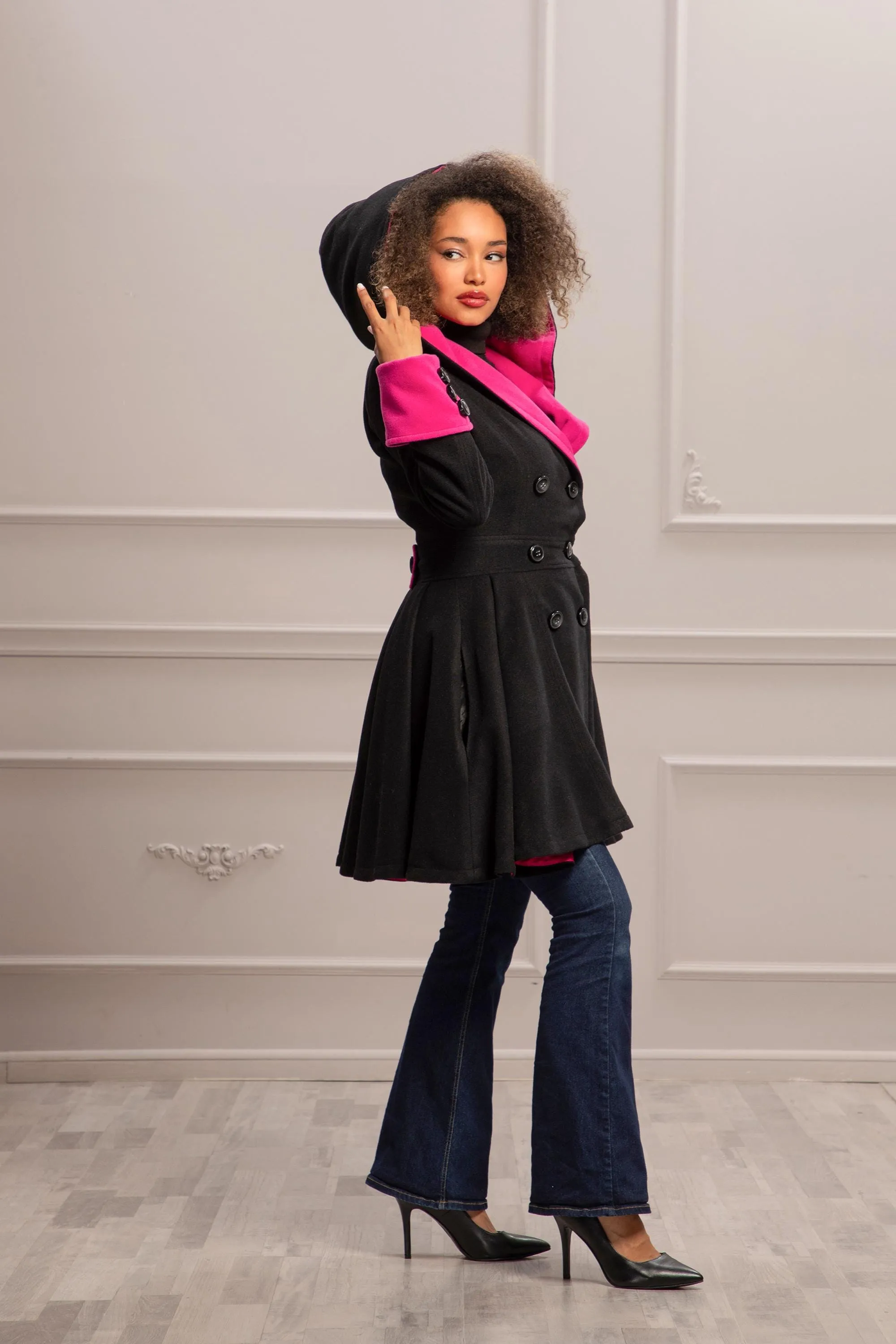 FUSCHIA & BLACK SKIRT COAT