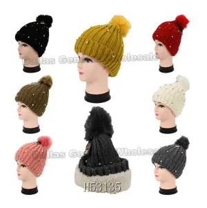 Girls Fashion Pearls Beanie Hats with Fuzzy Ball Wholesale