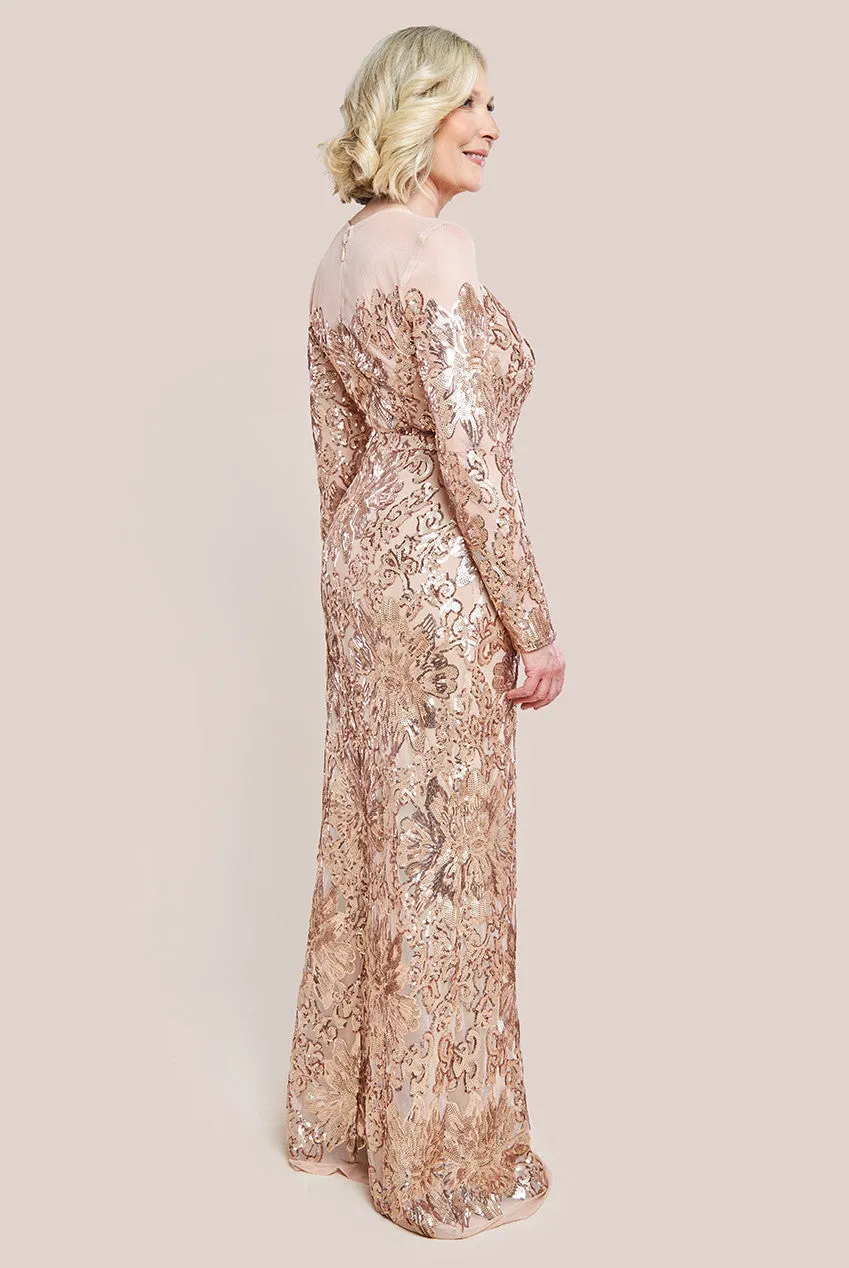 Goddiva Floral Sequin Mesh Maxi Dress - Champagne