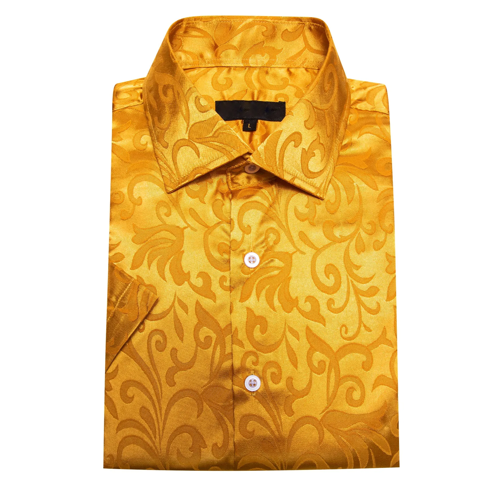 Gold Floral Leaf Silk Men's Short Sleeve Shirt