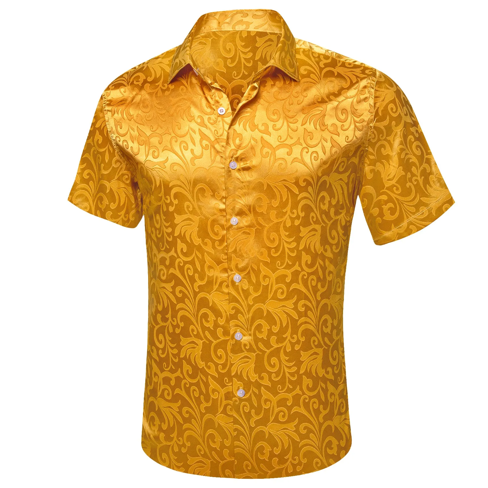 Gold Floral Leaf Silk Men's Short Sleeve Shirt