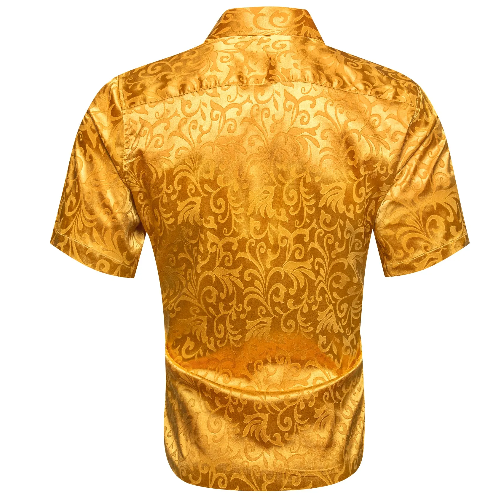 Gold Floral Leaf Silk Men's Short Sleeve Shirt