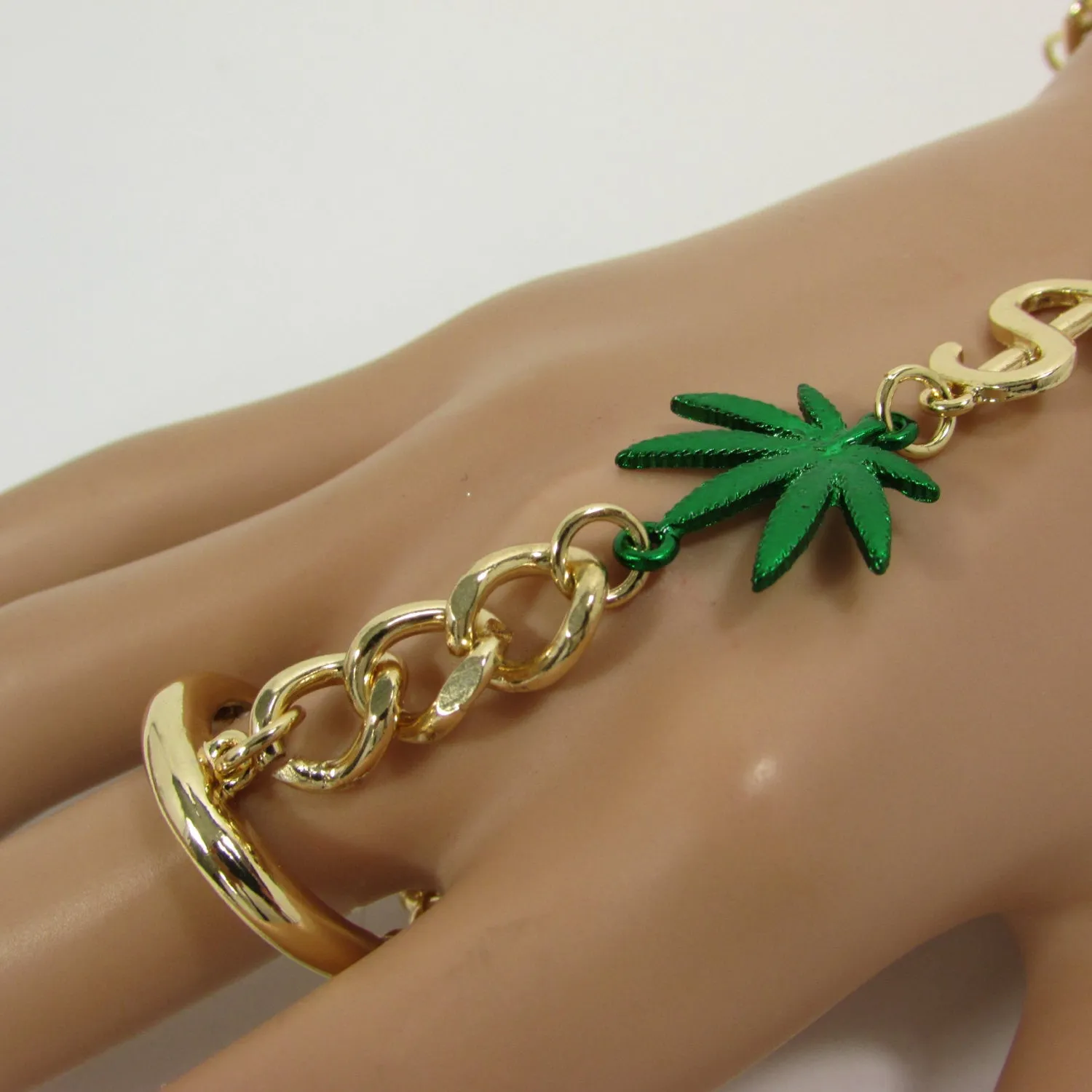 Gold Silver Black Metal Hand Chain Bracelet Connected Green Marihuana Leaves Women Trendy