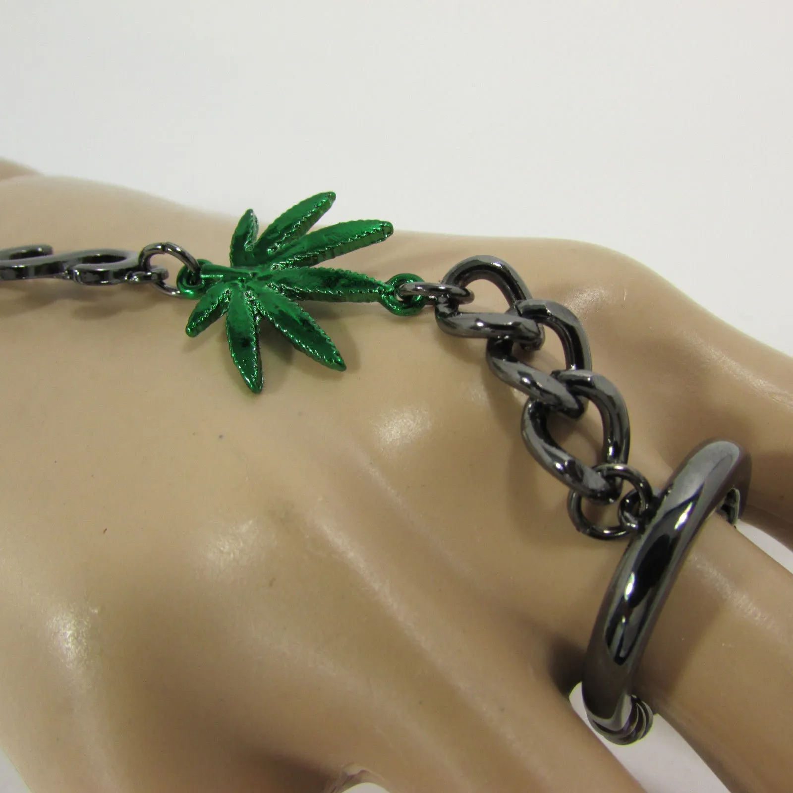 Gold Silver Black Metal Hand Chain Bracelet Connected Green Marihuana Leaves Women Trendy