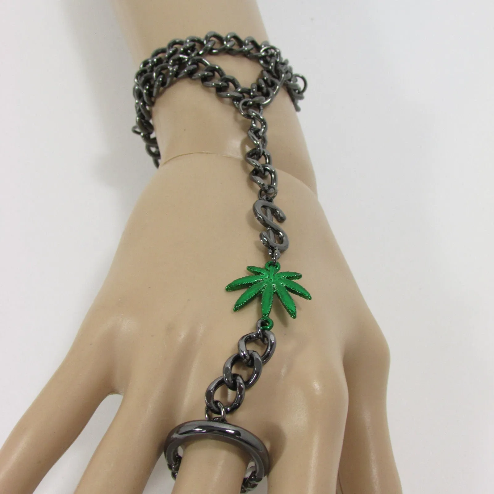 Gold Silver Black Metal Hand Chain Bracelet Connected Green Marihuana Leaves Women Trendy