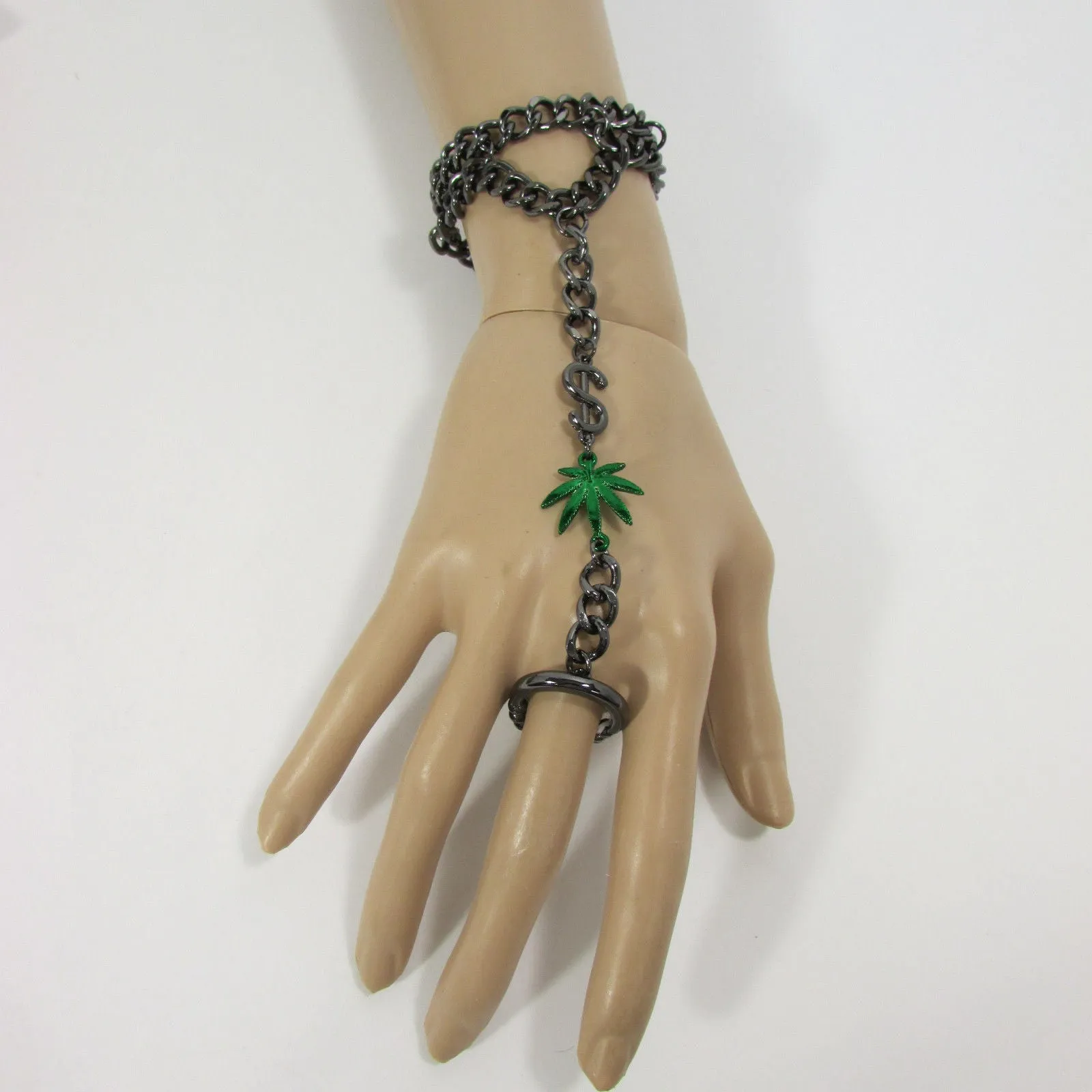 Gold Silver Black Metal Hand Chain Bracelet Connected Green Marihuana Leaves Women Trendy