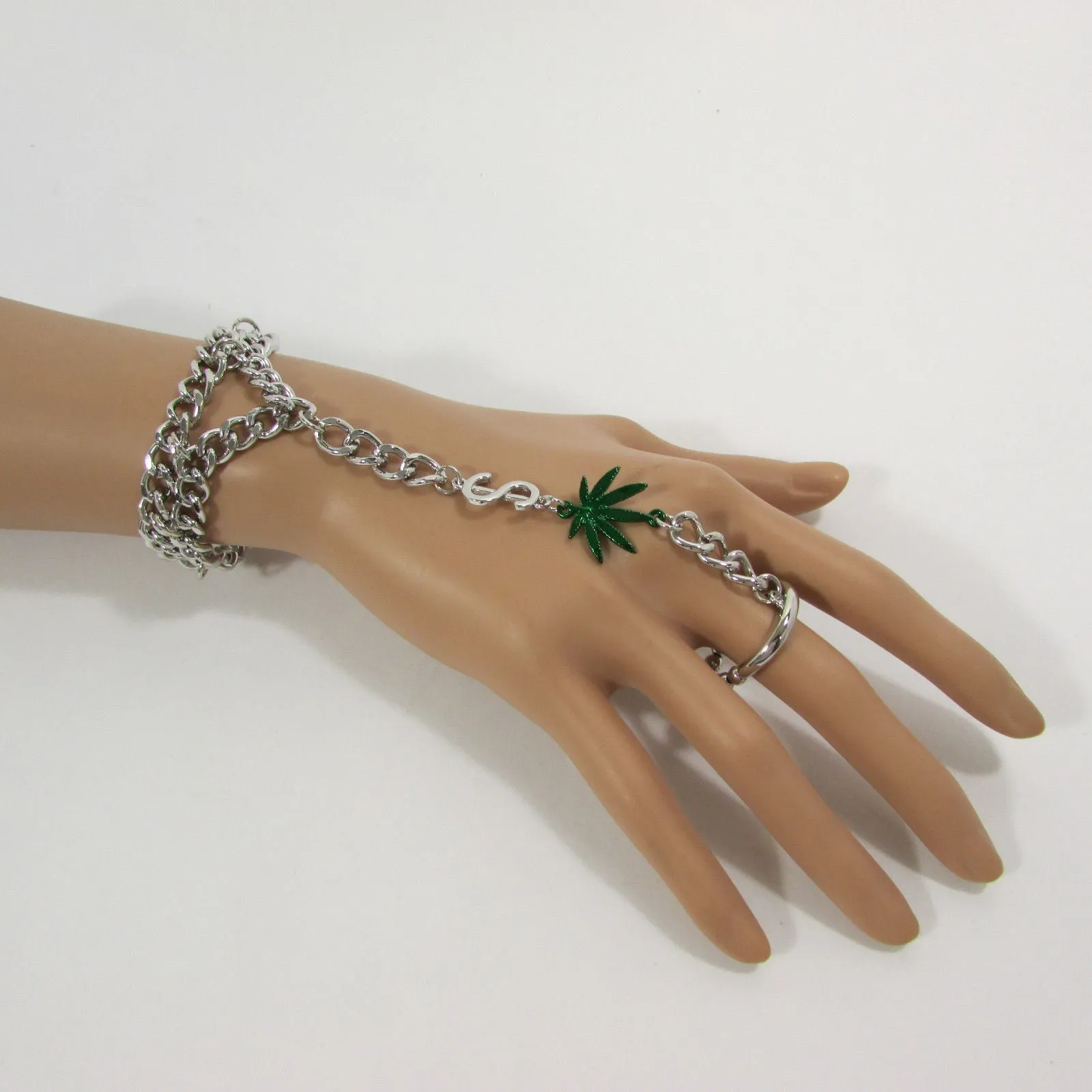 Gold Silver Black Metal Hand Chain Bracelet Connected Green Marihuana Leaves Women Trendy