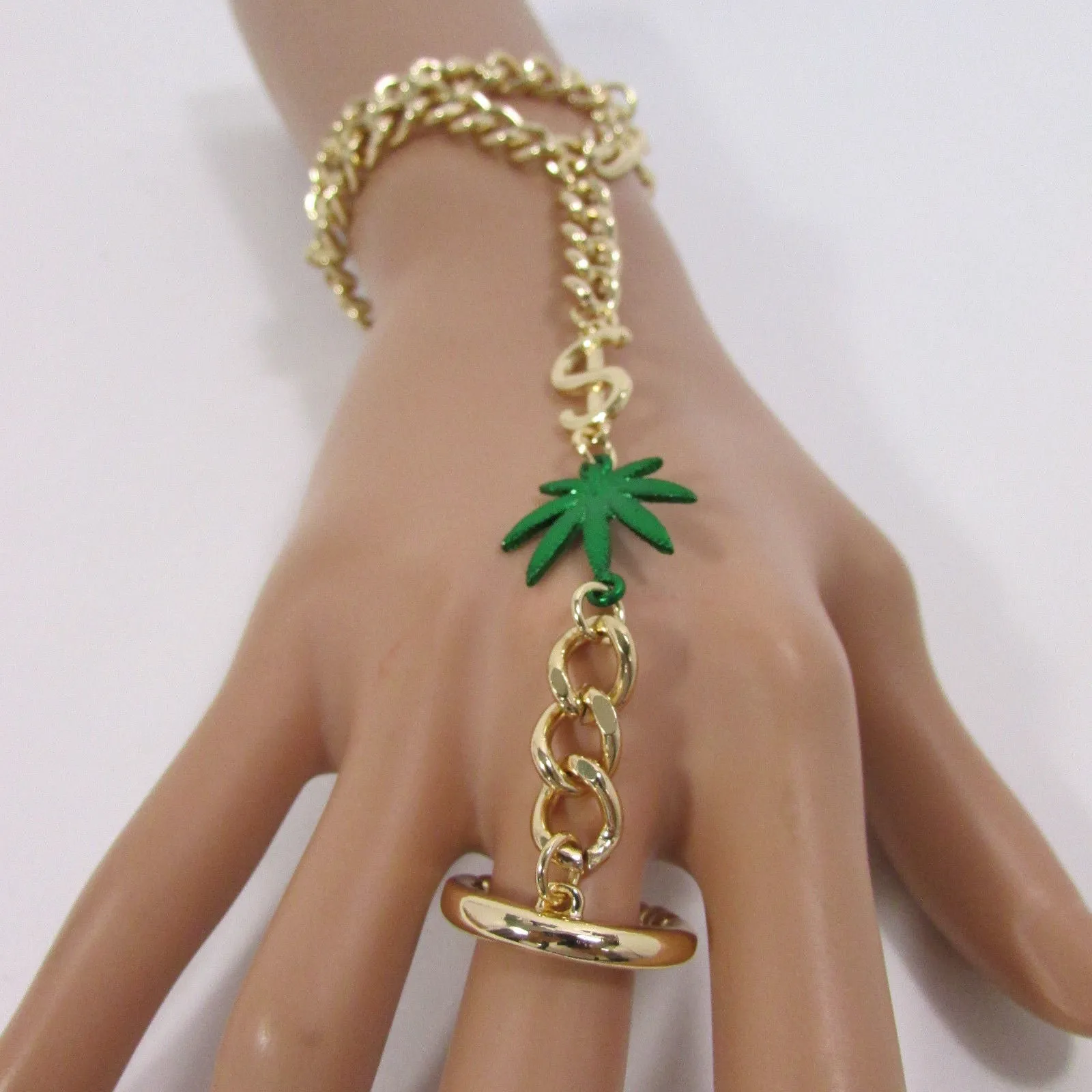 Gold Silver Black Metal Hand Chain Bracelet Connected Green Marihuana Leaves Women Trendy