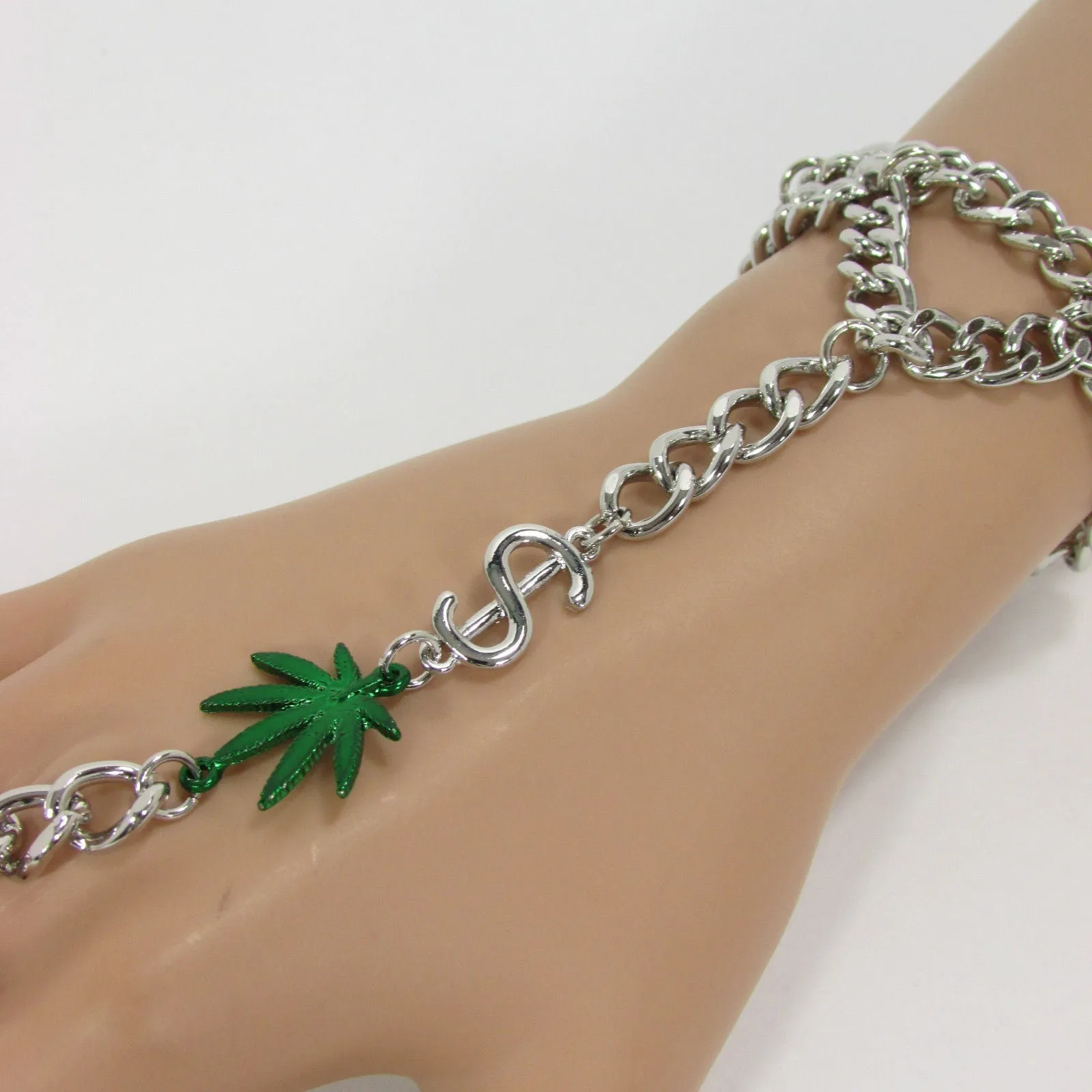 Gold Silver Black Metal Hand Chain Bracelet Connected Green Marihuana Leaves Women Trendy