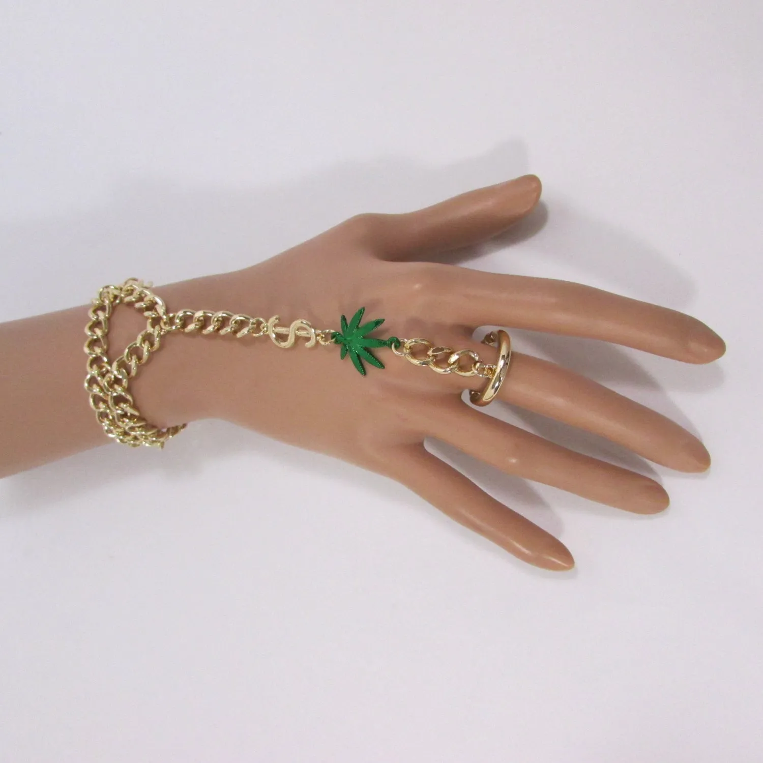 Gold Silver Black Metal Hand Chain Bracelet Connected Green Marihuana Leaves Women Trendy